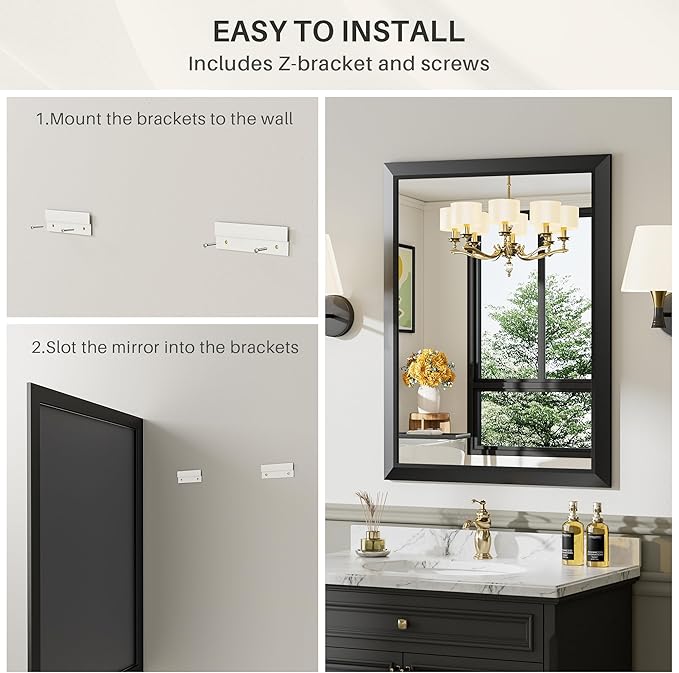 24x30 Inch Black Bathroom Mirror for Wall, Thick Metal Framed Rectangle Mirrors for Over Sink, Bedroom, Living Room, Entryway, Anti-Rust, HD Tempered Glass