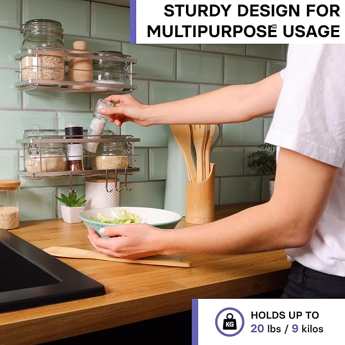 KINCMAX Shower Shelves 2-Pack - Self Adhesive Caddy with 4 Hooks - No Drill Large Capacity Stainless Steel Wall Shelf - Aesthetic Organizer for Inside Bathroom - Polished Silver