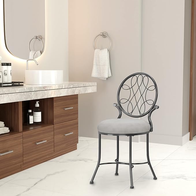 Hillsdale O'Malley Vanity Stool with Spiral Pattern Design, Metallic Gray Fabric