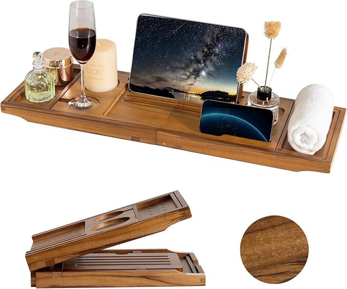 Teak Bathtub Tray Expandable Bathroom Tray for Home Spa Relaxation, Wooden Tray Caddy for Bathtub, Teak Bathtub Caddy as Unique Housewarming, Birthday, Wedding Shower Gifts (Light Walnut)