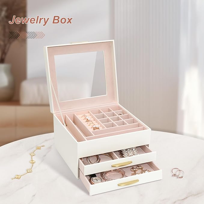 Jewelry Storage Box with Glasses Lid, 3-Tiers Jewelry Organizer Box for Women Girls, Jewelry Case for Rings, Bracelets Earrings, Necklaces (White)