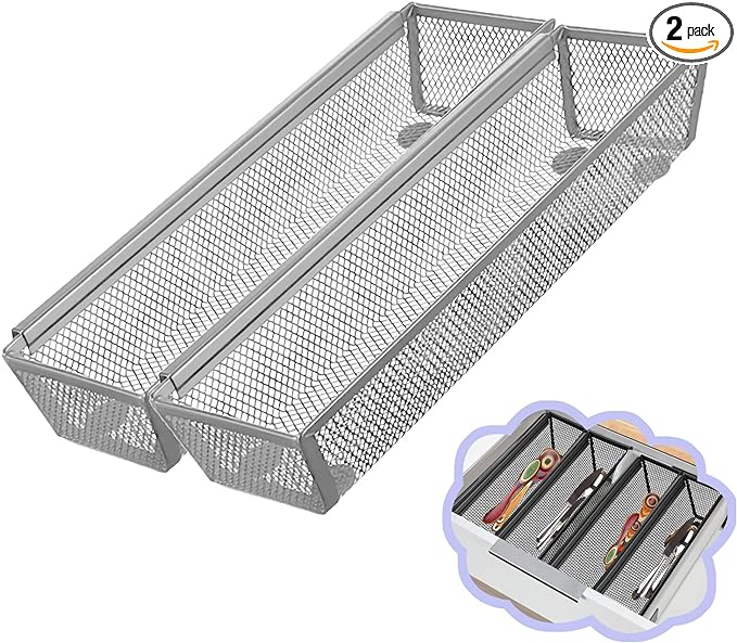 2PCS Drawer Organizer, Mesh Drawer Organizer with Interlocking Arm for Utensil, Cosmetic, Flatware, Pen (12 * 3 * 2 Inches, Grey)