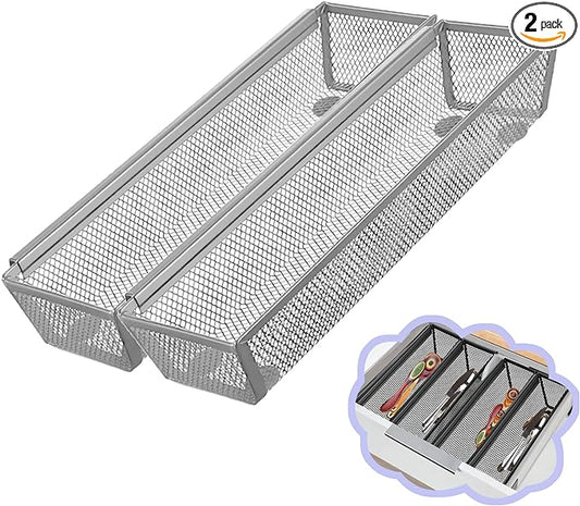 2PCS Drawer Organizer, Mesh Drawer Organizer with Interlocking Arm for Utensil, Cosmetic, Flatware, Pen (12 * 3 * 2 Inches, Grey)