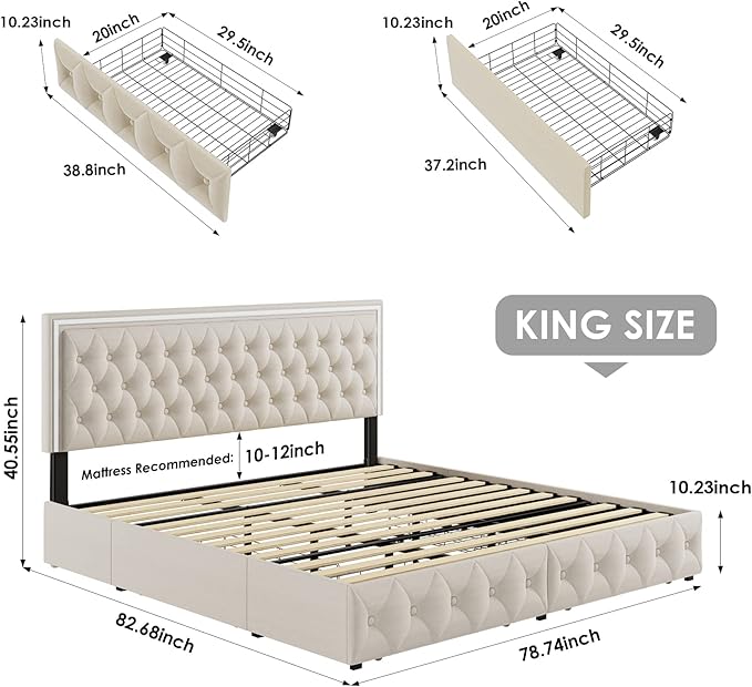 Keyluv King Upholstered LED Bed Frame with 4 Drawers, Velvet Platform Storage Bed with Adjustable Button Tufted Headboard and Solid Wooden Slats Support, No Box Spring Needed, Beige