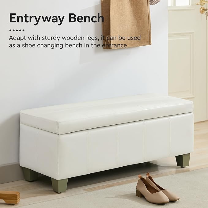51" Faux Leather Storage Ottoman, Stitch Tufted Rectangle Upholstered End of Bed Storage Bench, Entryway Large Couch Ottoman with Wooden Legs,White