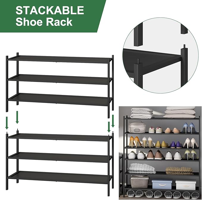 Black Long Shoe Rack, 3-Tier Bamboo Wood Shoe Rack for Entryway, Stackable | Foldable | Natural, Shoe Organizer for Hallway Closet, Free Standing Shoe Racks for Indoor Outdoor