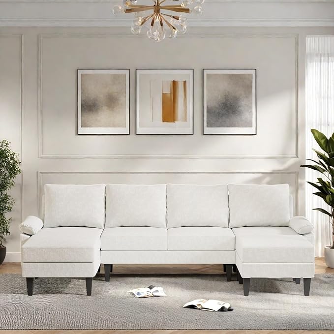 FONTOI 115 Inch U Shaped Sectional Couch with Chaise, 5-Seat Sofa with Moveable Ottoman, Modern Modular Sofa for Living Room, Apartment, Off-White