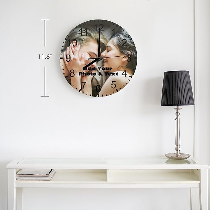 Customized Clocks with Photo for Wall, Custom Photo Wall Clocks with Text for Living Room Bedroom, Personalized 11.6" MDF Round Silent Clocks