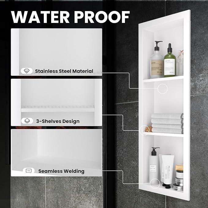 Stainless Steel Shower Niche 12" X 36"，3-Tier Shelf Niches Bathroom Shelf Recessed Wall Niche No Tile Needed Shower Shelf for Bathroom Storage(White, 12 x 36)