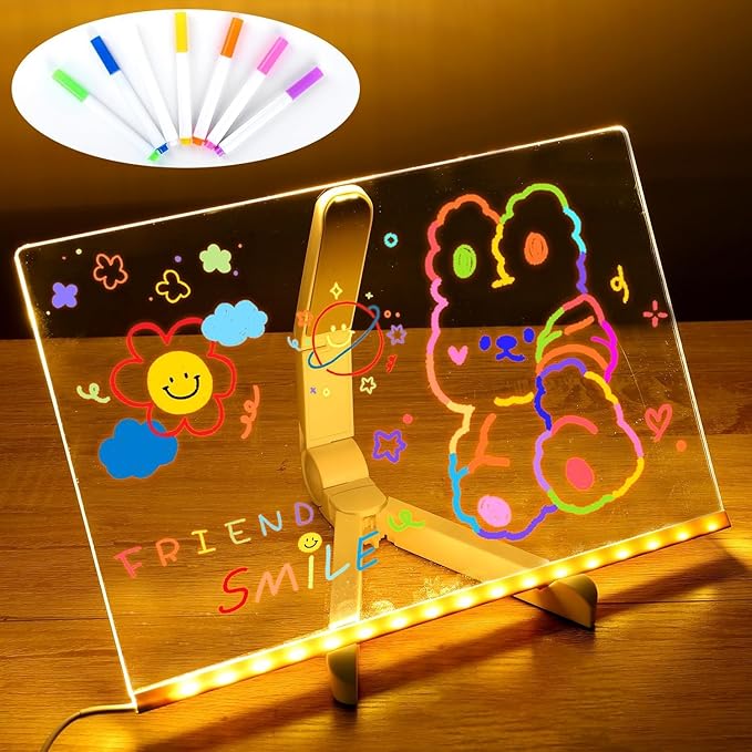 LED Note Board with Colors, Acrylic Dry Erase Board with Light and 7 Colorful Pens, Light up Dry Erase Board with Stand for Family/Office/School/bar/Cafe (7.9 X 7.9”)