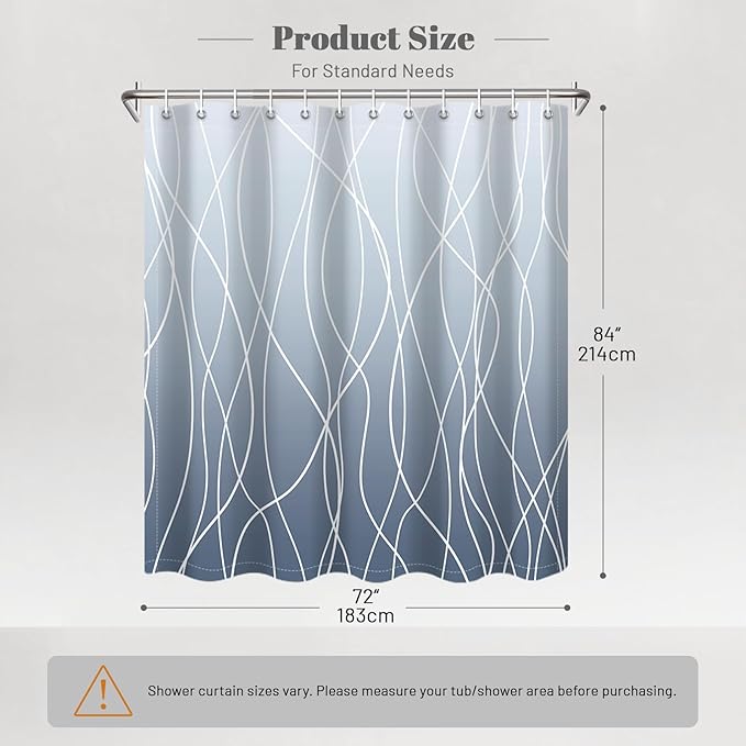 Punkray Ombre Blue Shower Curtain for Bathroom with Hooks, White Shower Curtain Set, Stripe Bath Curtains Decorative Shower Curtains Water Repellent Washable, 72 x 84