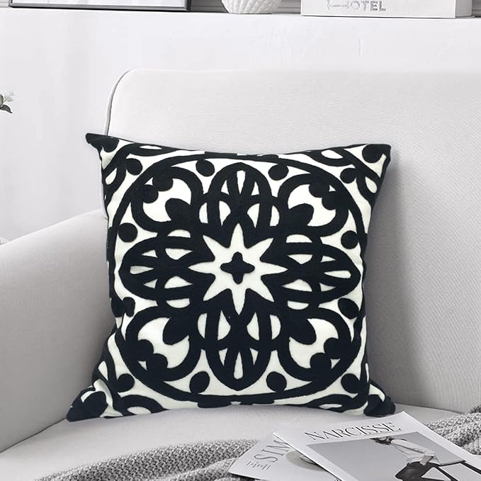 Alysheer Embroidered Decorative Throw Pillow Cover 18x18 inch, Classic Boho Mandala Chic Knit Pattern, 100% Cotton Canvas Cozy Cushion Case for Sofa Couch Living Room Bedroom(Black)