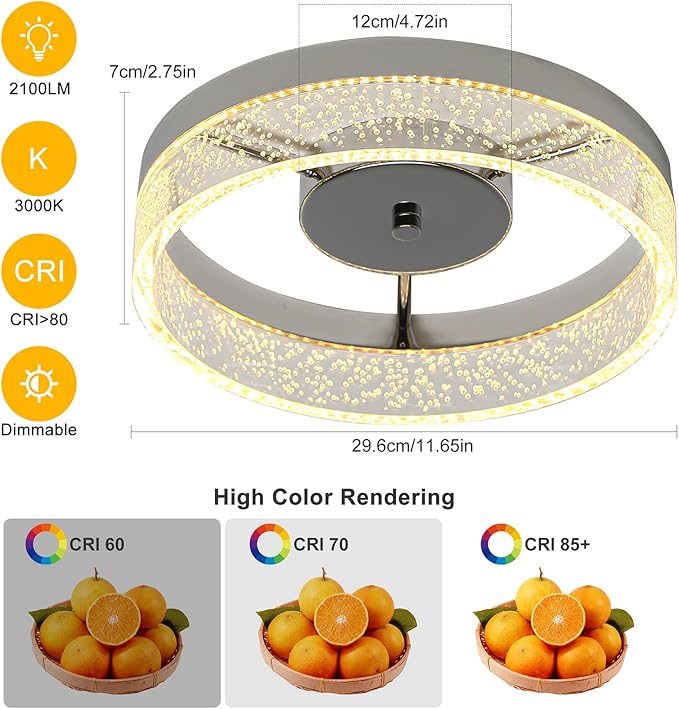 Jaycomey LED Flush Mount Ceiling Light Fixture, 11.6'' Round Modern Brushed Nickel Ceiling Lamp with Bubble Lampshade, 20W Dimmable Low Profile Kitchen Lighting Lamp for Bedroom Hallway Dining Room