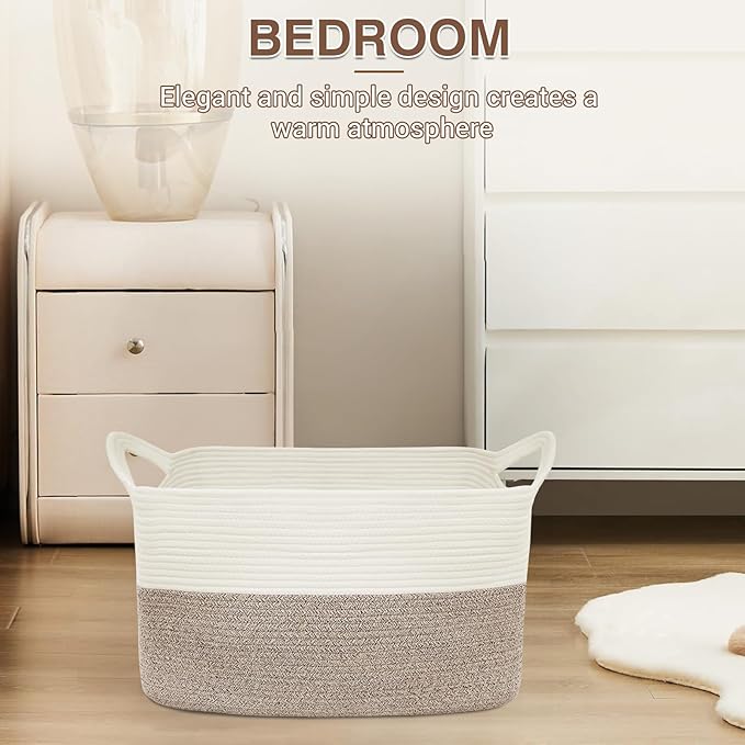 Large Laundry Hamper Blanket Basket，21.6''×14.9''×19.6'' Cotton Rope Woven Laundry Basket for Organizing, Rectangle Toy Basket for Living Room, Bedroom
