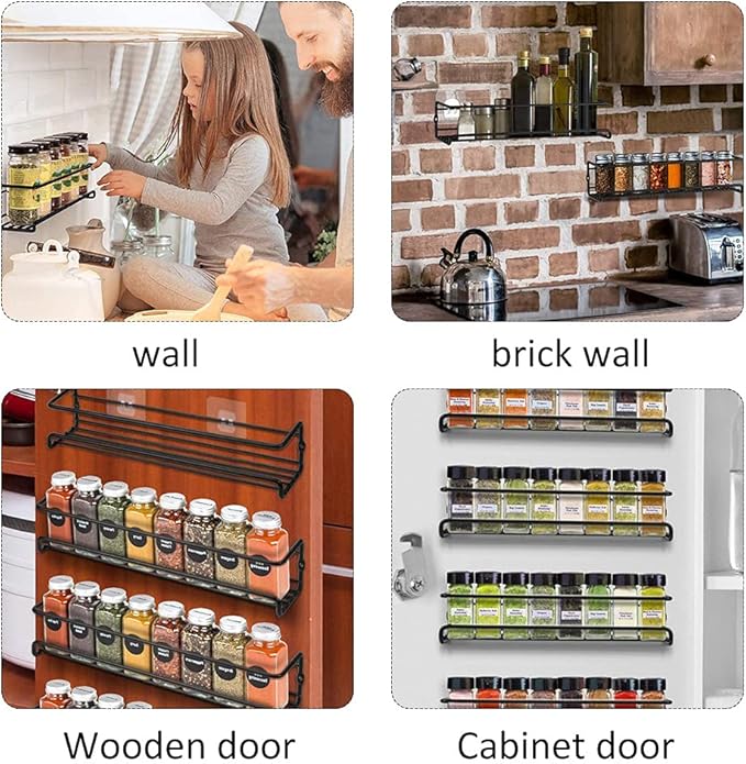 Spice Rack Organiser Hanging Spice Shelves Carbon Steel Wall Mount Spice Rack Kitchen Storage Racks Storage Spices and Condiments Spice Jars for Kitchen Cabinet Cupboard Pantry Door (6)
