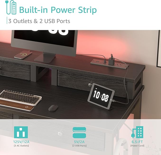 Lufeiya Small Desk with Drawers for Home Office Bedroom, 31 inch Black Writing Study Desks with Fabric Drawers Storage, Gaming Desk Table with Power Outlet & Monitor Stand, Black