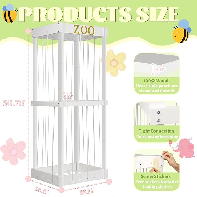 Trycooling Stuffed Animal Zoo Stuffed Animal Storage Wood Plushie Storage Stuffed Animals Zoo Storage Cage with Zoo Pattern Elastic Band for Nursery Play Room Bedroom (White)