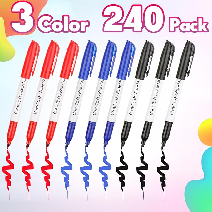 Sepamoon 240 Pack Dry Erase Markers Bulk Chisel Tip Whiteboard Markers Pens Low Odor for School Office Home(Black, Blue, Red)