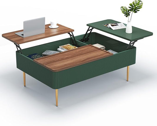 HLR 47" Dual Lift Top Coffee Table with Storage, Modern Wood Fluted Coffee Table with Hidden Compartment for Living Room, Office, Green