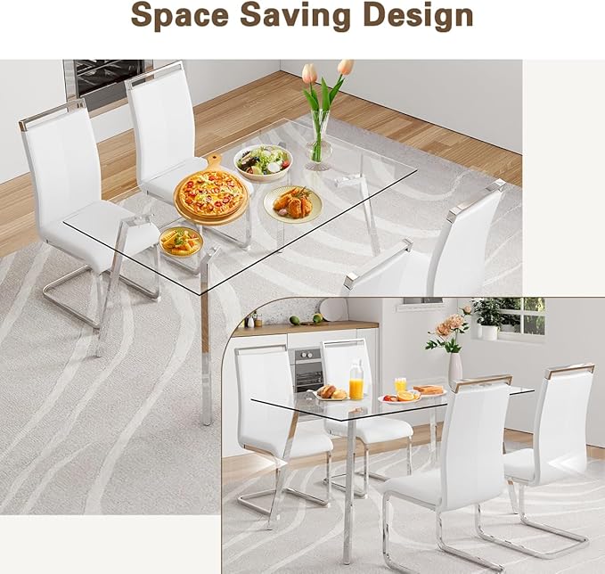 Glass Dining Table Set for 4,Rectangle Dinner Table with 4 White Leather Kitchen Chairs,51 in Kitchen Room Dining Set,0.31” Tempered Glass Table Top with Silver Metal Legs,4 Dining Chairs