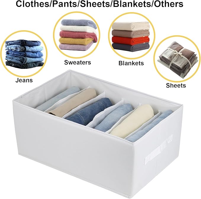 Extra Large Clothes Closet Organizer 6 Compartments for Jean Sweater Sheets to Shirt - Divided Clothing Storage Boxes for Closet, Wordrobe, Bedroom, Shelf (4pc White)