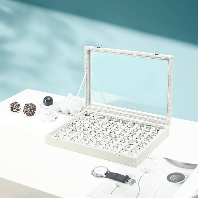 Coward Ring Organizer Jewelry Tray Box, Grey Beige Velvet 100 Slots Ring Display Tray Case with Transparent Glass Lid for Home Use or Store Selling Show