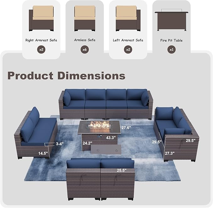 Kurapika 11 Pieces Patio Furniture Set, Rattan Wicker Outdoor Conversation Sets w/43in Propane Fire Pit Table and 4 Inch Cushion(Navy Blue)