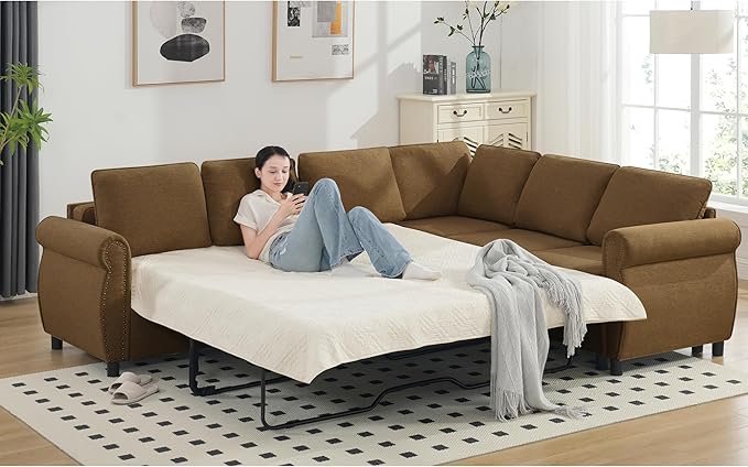 Ball & Cast 104" Sleeper Sofa Bed, L Shaped 6 Seater Sectional Sofa Couch with Pull Out Bed, 2 in 1 Pull Out Couch for Living Room, Office, Apartment,Brown