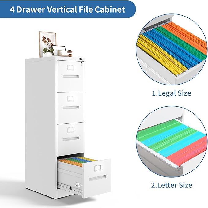 4 Drawer File Cabinet with Lock, Metal Filing Cabinets for Home Office, Vertical Narrow File Cabinet Lockable Steel Storage Cabinets for Letter/Legal/F4/A4 Size, Assembly Required(White)