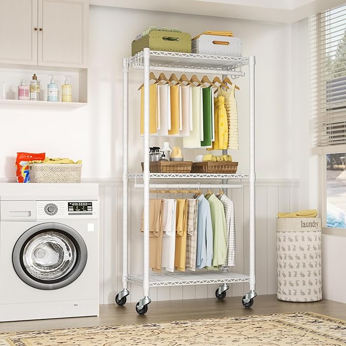 FUTASSI P3 Mini Rolling Clothes Rack, Clothing Racks for Hanging Clothes, Heavy Duty Garment Rack, Freestanding Portable Closet Rack 23.6'' W x 14'' D x 78.5'' H, Max Load 430 Lbs, White