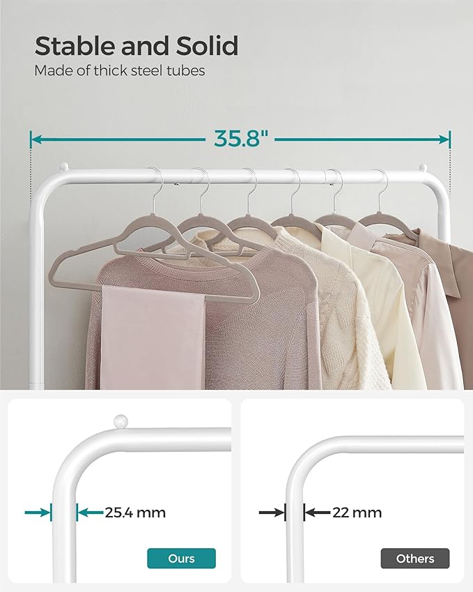 SONGMICS Clothes Rack with Wheels, Clothing Rack for Hanging Clothes, 25.4 mm Metal Garment Rack with Dense Mesh Storage Shelf, 110 lb Load Capacity, 2 Brakes, Cloud White UHSR025W01