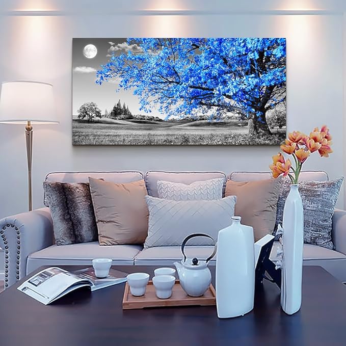 Wapluam Large Canvas Wall Art For Living Room Modern Wall Decor For Bedroom Black And White Wall Paintings Blue Tree Scenery Wall Pictures Prints Artwork Office Decor Aesthetic Home Decor 30" X 60"