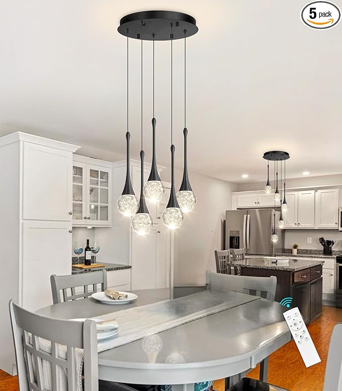 cenzoz 5-Lights Modern Pendant Lights for Kitchen Island LED Dimmable Chandelier Crystal Glam Ceiling Pendant Lighting for Dining Room Hallway Bedroom Lamp Black