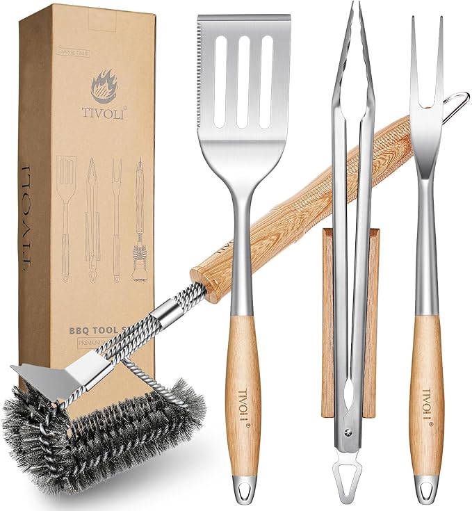 TIVOLI 4PCS Grilling Accessories, Heavy Duty BBQ Tool Set with Stainless Steel Spatula, Tongs, Fork, Cleaning Brush, Wood Handles Barbecue Utensils Kit for Outdoor, Perfect Grill Gifts for Dad Men
