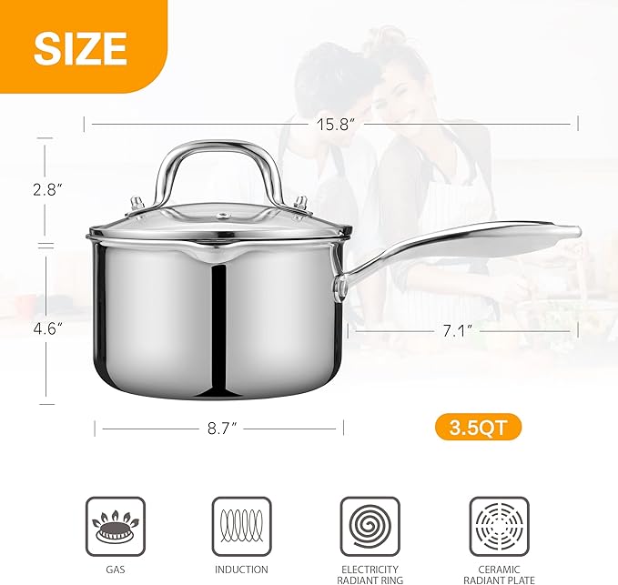 Stainless Steel Saucepan with Glass Lid, 3.5 Quart Multipurpose Sauce Pan, Sauce Pot - for Easy Pour with Ergonomic Handle