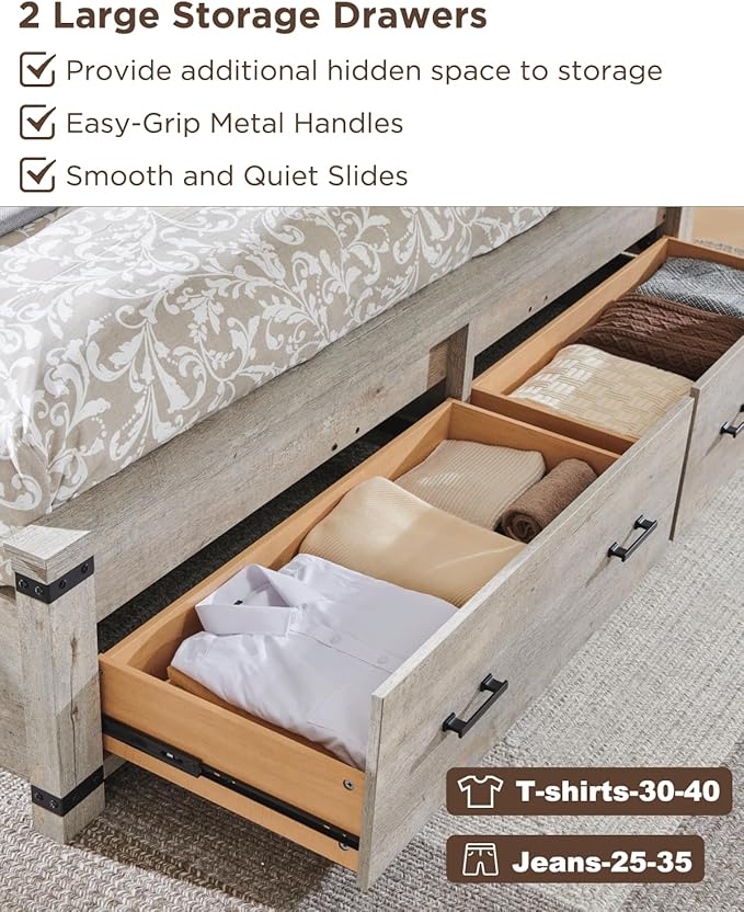 T4TREAM Farmhouse King Size Bed Frame with 54" Tall Geometric Headboard & 2 Large Storage Drawers, Rustic Wood Platform Bed with Wood Slats Support, No Box Spring Needed, Light Rustic Oak