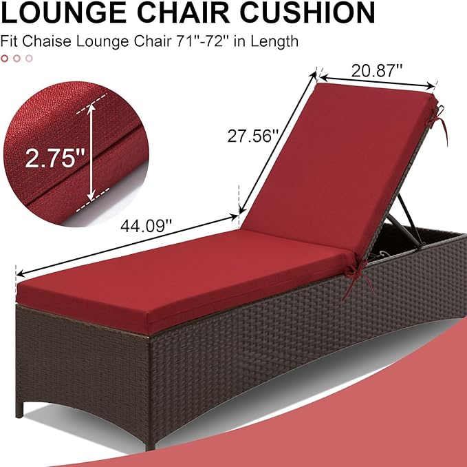 Crestlive Products Chaise Lounge Cushions Outdoor Set of 2, Lounge Chair Cushions for Patio Furniture, Water Resistant Lounger Cushions for Pool, Deck, Lawn, 72''L x 21''W x 3''T, Chili
