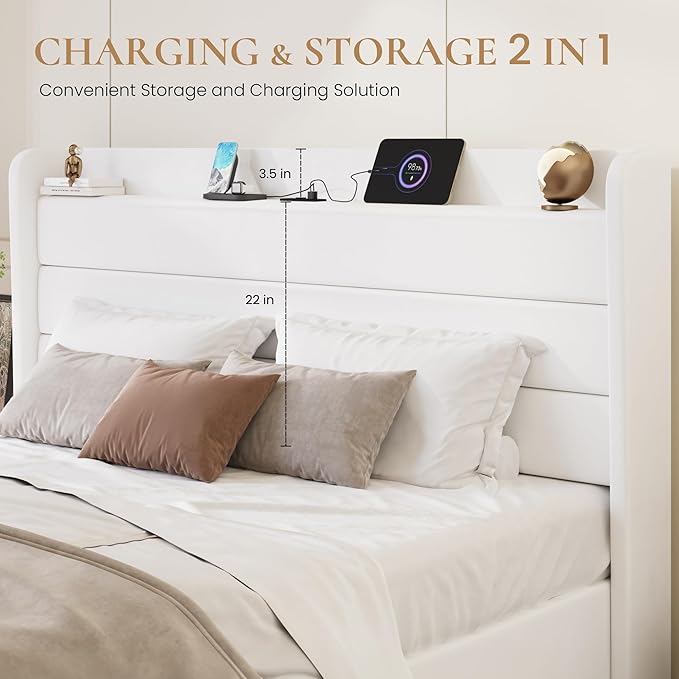 SHA CERLIN King Size Bed Frame with Charging Station, Velvet Upholstered Platform Bed, Wingback Storage Headboard, Type-C & USB Ports, Strong Wooden Slats, No Box Spring Needed, Easy Assembly, White