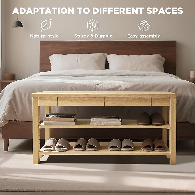 Wood Shoe Bench Entryway with Drawer: 2-Tiers Wooden Storage Shoe Rack with Bench Seat, Compact Mid-Century Modern Design for Entryway, Hallway,Closet,Front Door Entrance,Foyer Natural 39.3"