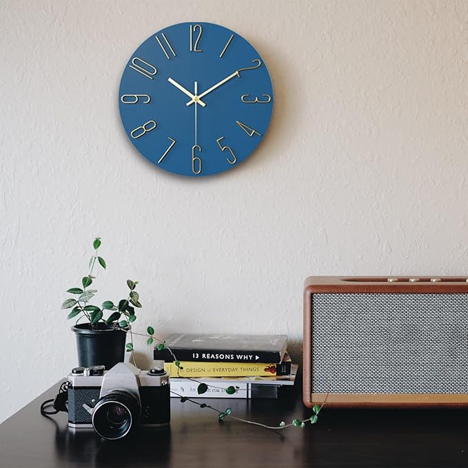 Wall Clock Battery Powered 12 inch Small Clock Analog Clock, Suitable for Home, Office, Bedroom, Kitchen, Classroom, School (Blue)
