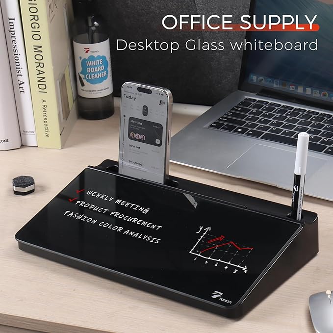 TOWON Small Compact Glass Desktop Whiteboard with Storage – 12 x 7 in Dry Erase Board for Desk, Home Office, School | Includes 5 Markers, Eraser & Holder | Space-Saving Organizer, Aesthetic Black