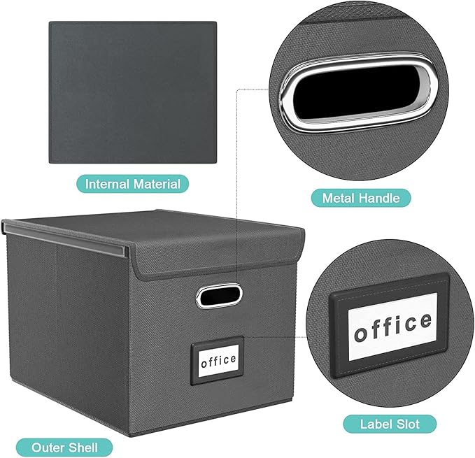 Huolewa File Organizer Boxes with Lids, Linen Office Document Storage Boxes, Filing Boxes, Decorative Small File Boxes for Hanging Files with Plastic Slide for Office/Cabinet/Decor/Home