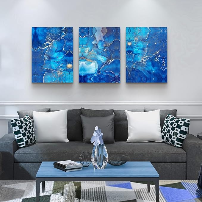 MHARTK66 Canvas Wall Art For Living Room Large Wall Decorations For Bedroom Modern Bathroom Wall Decor Painting Blue Abstract Pictures Artwork Inspirational Canvas Prints Art Home Decor 3 Pieces