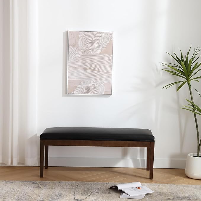 PU Leather Dining Bench Upholstered Entryway Bench Farmhouse Shoe Bench Seat Ottoman for Hallway Living Room Bedroom End of Bed Dining Room Kitchen, 45.5" Long, Black