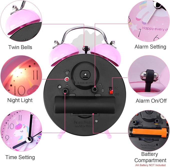 Unicorn Alarm Clock for Girls Kids, Cute Bedroom Decoration, Non Ticking Silent Second Hand, w/Backlight Super Loud Twin Bell, for Kids Unicorn Gifts (Pink)