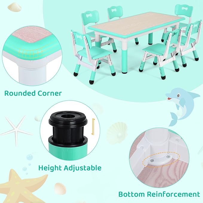 Arlopu Kids Table and 6 Chairs Set, Height Adjustable Graffiti Desk, Preschool Activity Art Craft Table, for Daycare Classroom Home Boys and Girls Age 3-12 (Light Green)