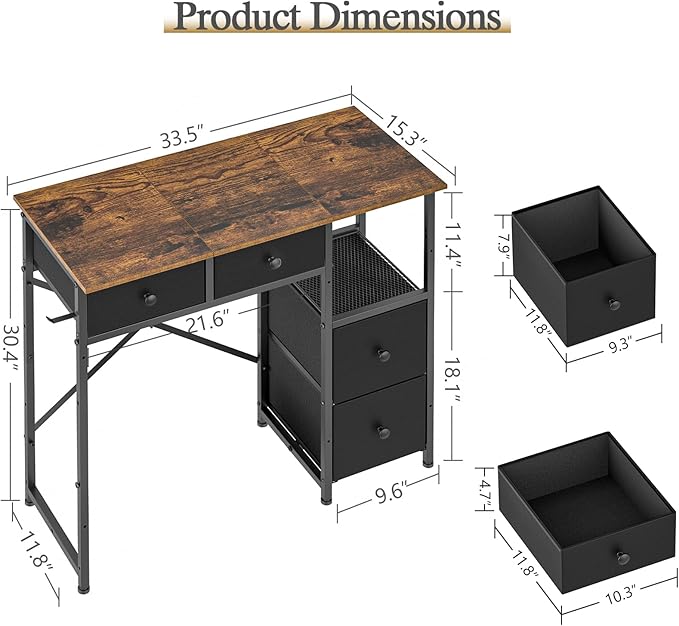 Small Computer Desk with 4 Fabric Drawers, Simple Writing Desk for Home Office, Compact Study Desks for Small Spaces, Kids Desk Study for Bedroom, Rustic Brown