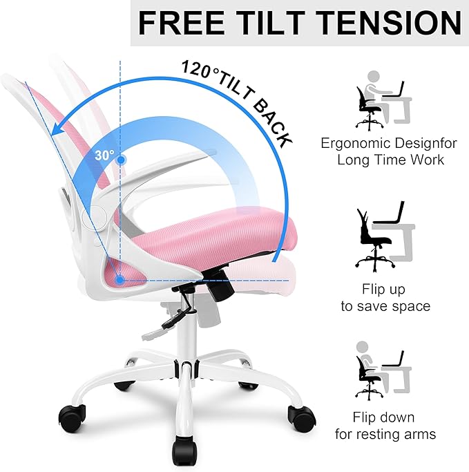 Primy Office Chair Ergonomic Desk Chair with Adjustable Lumbar Support and Height, Swivel Breathable Desk Mesh Computer Chair with Flip up Armrests for Conference Room (Pink)
