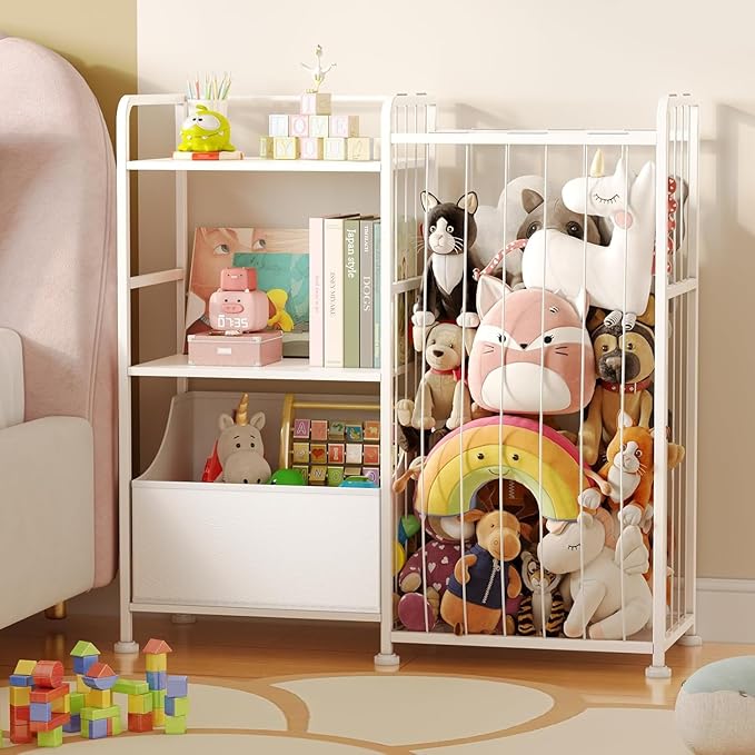 BBLIKE Stuffed Animal Storage - Stuffed Animal Net with Kids Bookshelf and Toy Organizer, 2-Tier White Bookshelf with Stuffed Animal Holder and Fabric Toy Chest for Kids Room, Playroom, Nursery, White