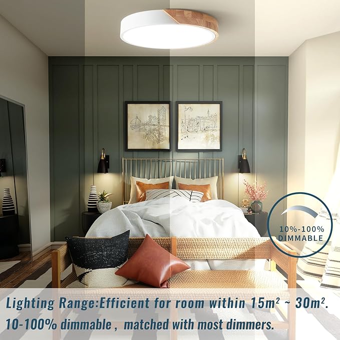 LED Flush Mount Ceiling Light Fixture Wood,16 inch Kitchen Light Fixtures Ceiling Mount 36W, Round Close to Ceiling Light Dimmable 5CCT for Bedroom,Kitchen,Living Room
